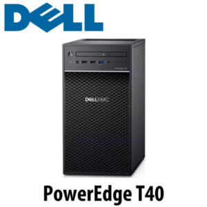 Front view of the DELL PowerEdge T40, a compact black desktop server featuring various input/output ports and a sleek design.