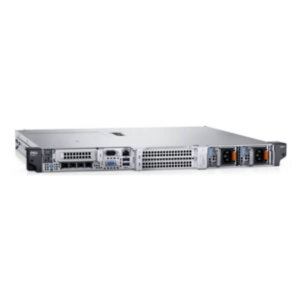 A sleek, silver rack-mounted server with multiple ports and power supply connections on the rear side.