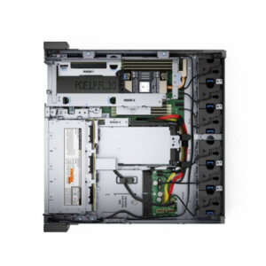 A detailed view of a server chassis showcasing internal components, including PCIe risers and circuitry.