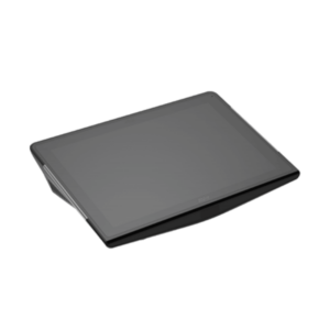 A black, rectangular tablet device with a smooth screen and angled edges, showcased on a white background.