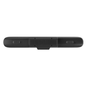 Top view of a sleek black wireless soundbar speaker with control buttons and ventilation grilles.