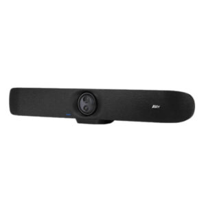 A sleek black video conferencing soundbar featuring a built-in camera, designed for modern meeting spaces.