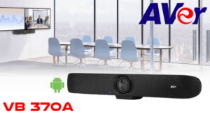 A sleek conference room featuring the AVer VB370A camera and a large display, suitable for video conferencing, with minimalist design and blue chairs.