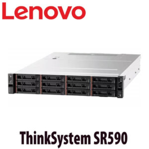 Front view of the Lenovo ThinkSystem SR590 server displaying multiple drive bays and the Lenovo logo.