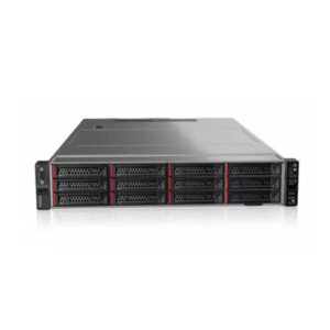 A front view of a server rack featuring multiple drive bays and a sleek design.