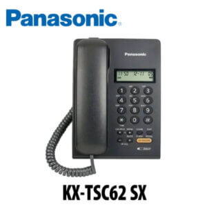 A black cordless telephone from Panasonic featuring an LCD display and a keypad.