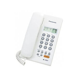 Corded Panasonic Telephone Model::A sleek white Panasonic corded telephone displaying a numeric keypad and LCD screen, ideal for home or office use.