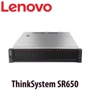 Front view of the Lenovo ThinkSystem SR650 server showcasing its design and multiple drive bays.